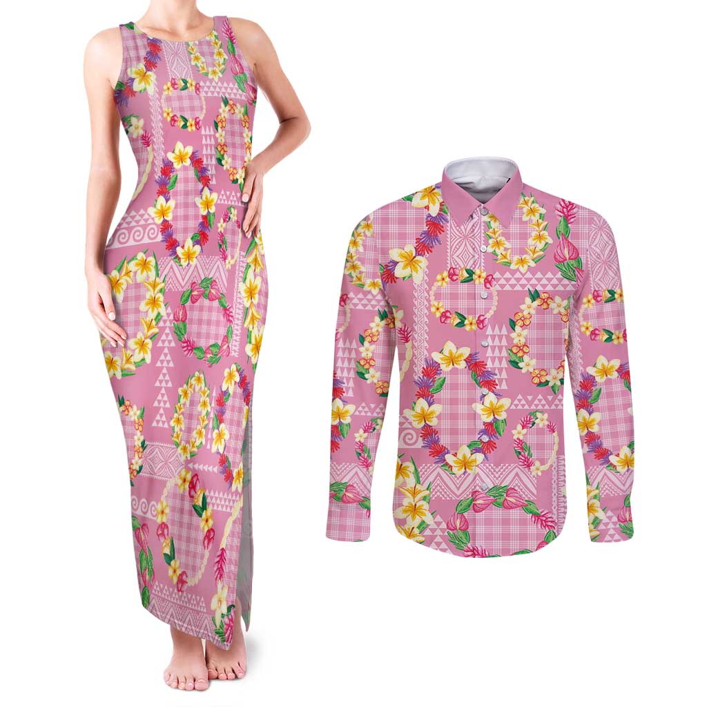 Hawaiian Leis Couples Matching Tank Maxi Dress and Long Sleeve Button Shirt Kakau Tattoos and Palaka Pastel Pink Color