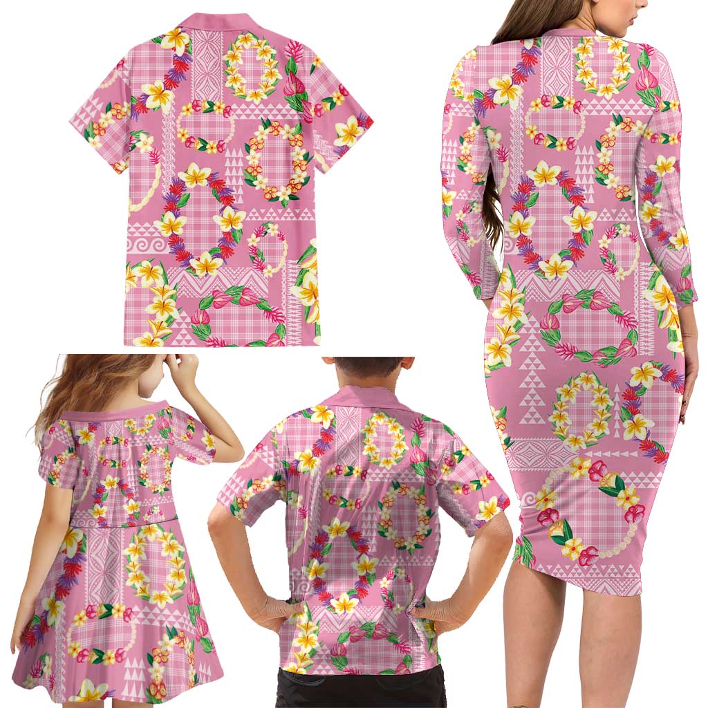 Hawaiian Leis Family Matching Long Sleeve Bodycon Dress and Hawaiian Shirt Kakau Tattoos and Palaka Pastel Pink Color