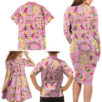 Hawaiian Leis Family Matching Long Sleeve Bodycon Dress and Hawaiian Shirt Kakau Tattoos and Palaka Pastel Pink Color