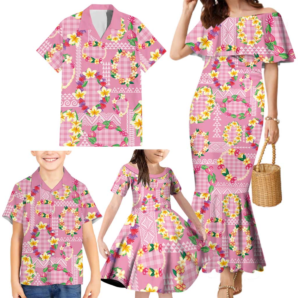 Hawaiian Leis Family Matching Mermaid Dress and Hawaiian Shirt Kakau Tattoos and Palaka Pastel Pink Color