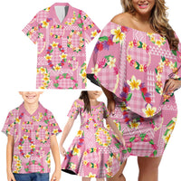 Hawaiian Leis Family Matching Off Shoulder Short Dress and Hawaiian Shirt Kakau Tattoos and Palaka Pastel Pink Color