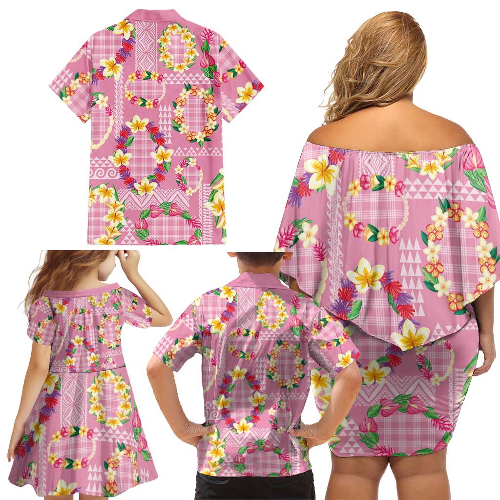 Hawaiian Leis Family Matching Off Shoulder Short Dress and Hawaiian Shirt Kakau Tattoos and Palaka Pastel Pink Color