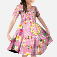 Hawaiian Leis Family Matching Short Sleeve Bodycon Dress and Hawaiian Shirt Kakau Tattoos and Palaka Pastel Pink Color