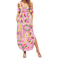 Hawaiian Leis Family Matching Summer Maxi Dress and Hawaiian Shirt Kakau Tattoos and Palaka Pastel Pink Color