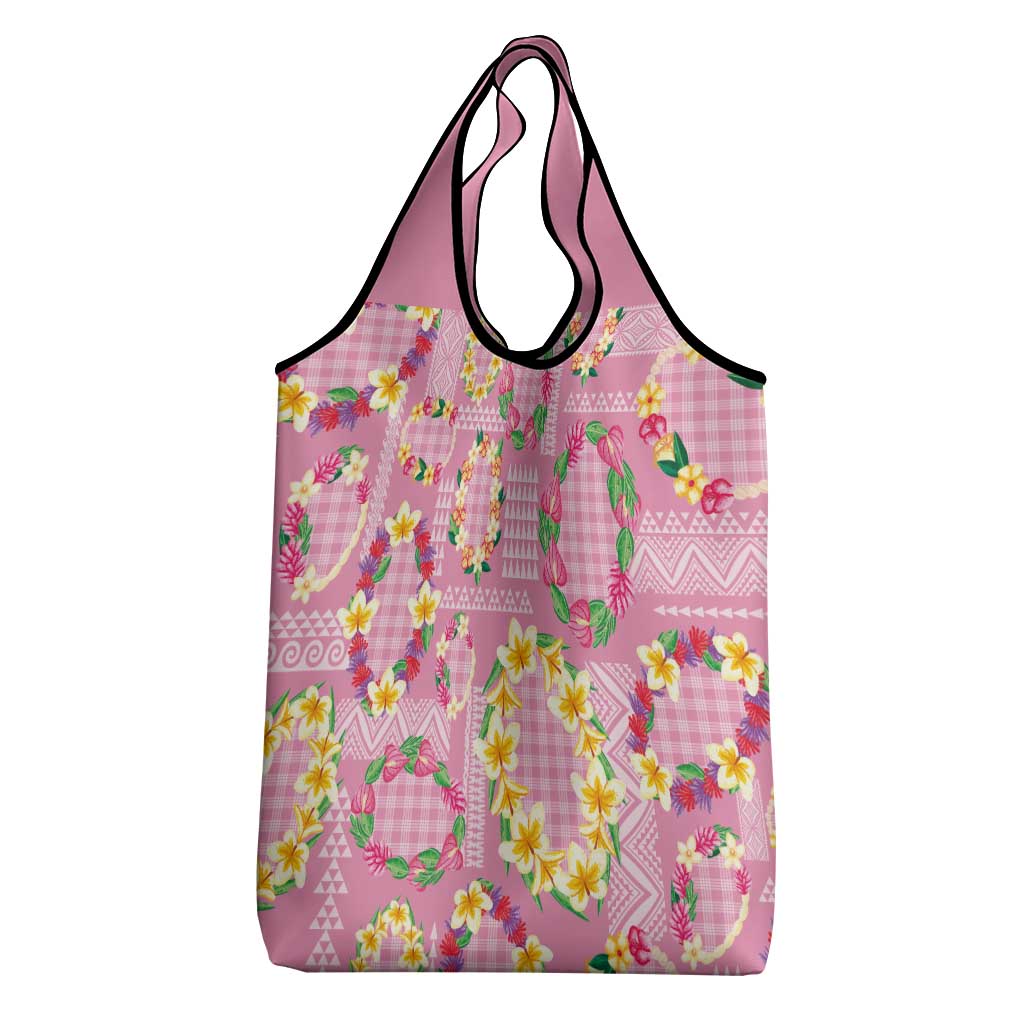 Hawaiian Leis Grocery Bag Kakau Tattoos and Palaka Pastel Pink Color