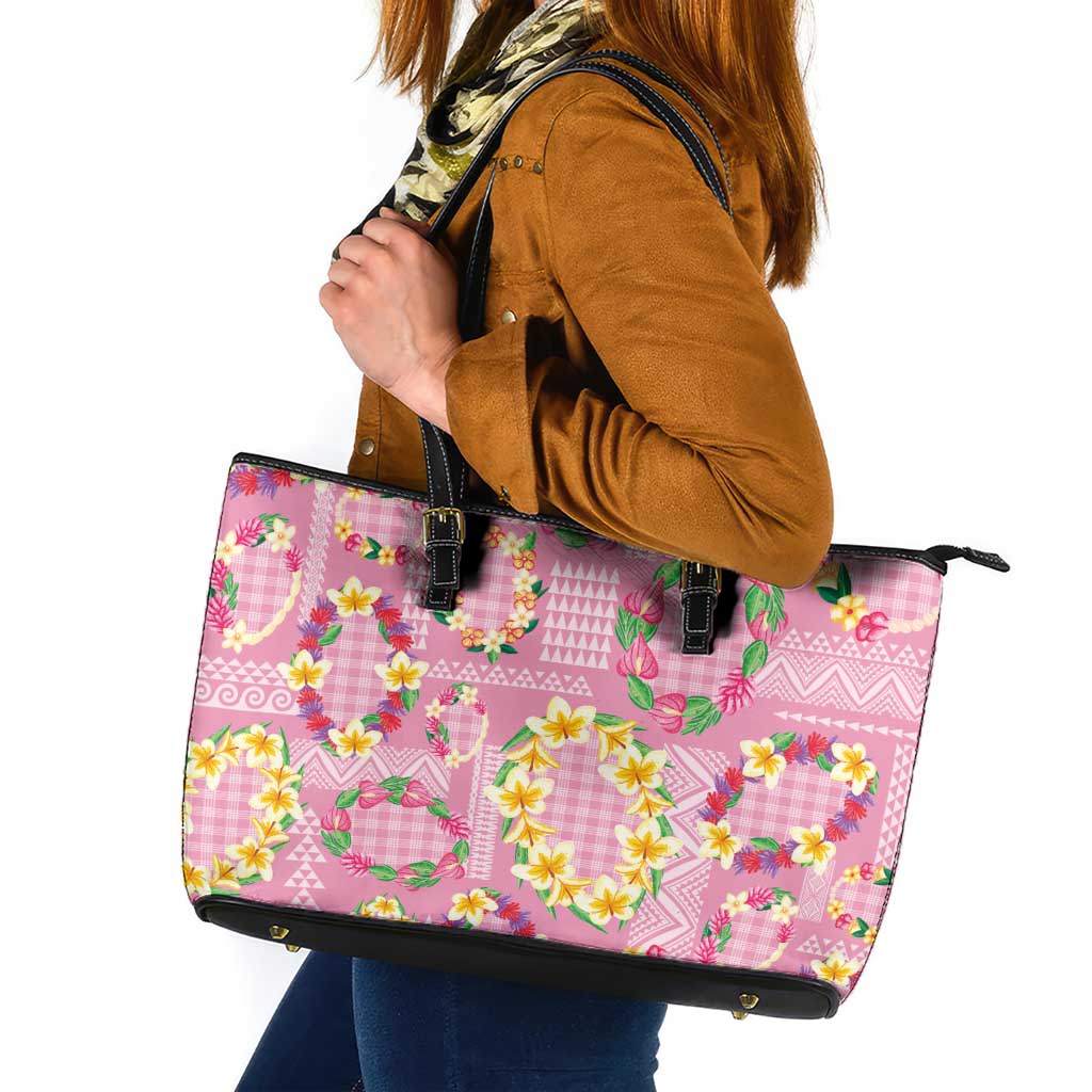 Hawaiian Leis Leather Tote Bag Kakau Tattoos and Palaka Pastel Pink Color LT03 Pink - Polynesian Pride