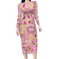 Hawaiian Leis Long Sleeve Bodycon Dress Kakau Tattoos and Palaka Pastel Pink Color LT03 Long Dress Pink - Polynesian Pride