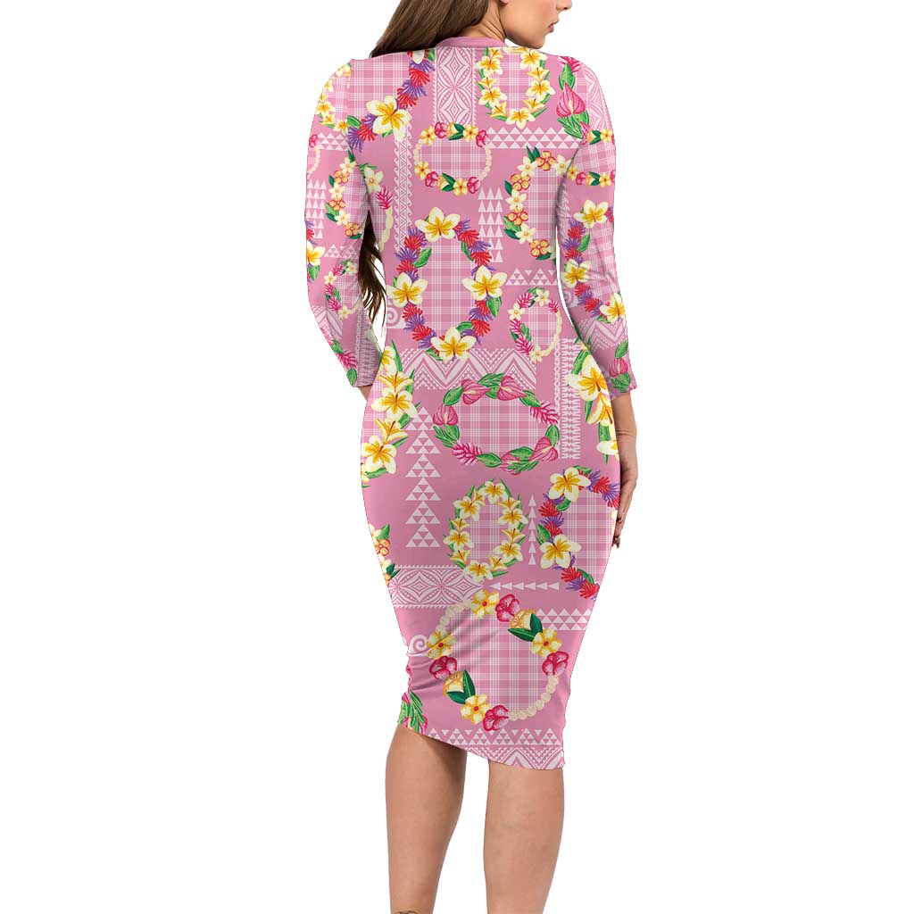 Hawaiian Leis Long Sleeve Bodycon Dress Kakau Tattoos and Palaka Pastel Pink Color LT03 - Polynesian Pride