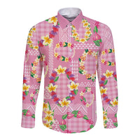 Hawaiian Leis Long Sleeve Button Shirt Kakau Tattoos and Palaka Pastel Pink Color