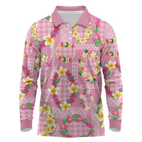 Hawaiian Leis Long Sleeve Polo Shirt Kakau Tattoos and Palaka Pastel Pink Color
