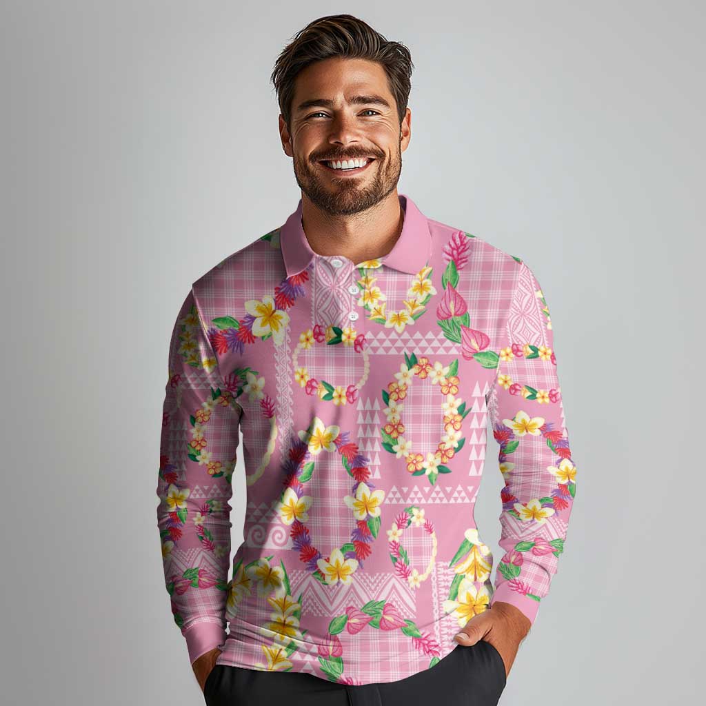 Hawaiian Leis Long Sleeve Polo Shirt Kakau Tattoos and Palaka Pastel Pink Color