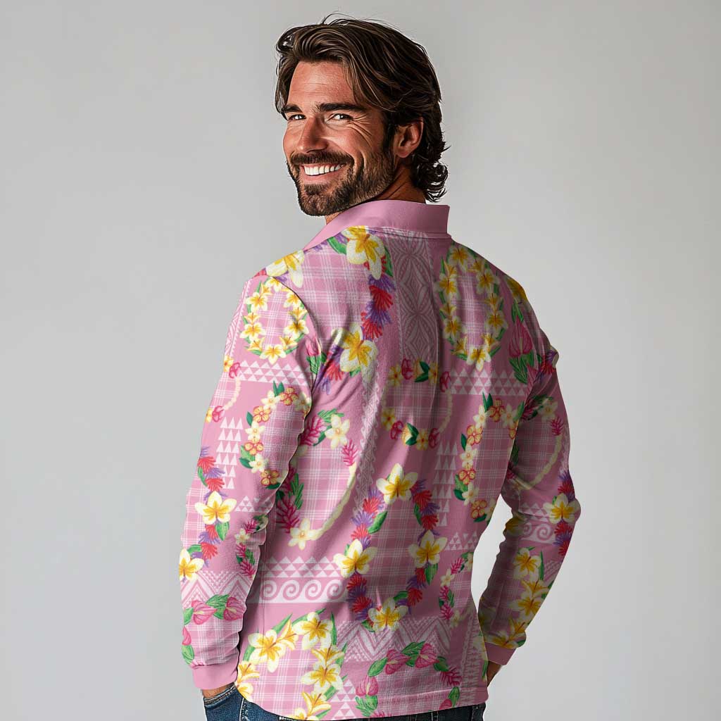 Hawaiian Leis Long Sleeve Polo Shirt Kakau Tattoos and Palaka Pastel Pink Color