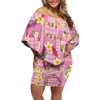 Hawaiian Leis Off Shoulder Short Dress Kakau Tattoos and Palaka Pastel Pink Color