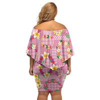 Hawaiian Leis Off Shoulder Short Dress Kakau Tattoos and Palaka Pastel Pink Color