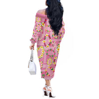 Hawaiian Leis Off The Shoulder Long Sleeve Dress Kakau Tattoos and Palaka Pastel Pink Color LT03 - Polynesian Pride