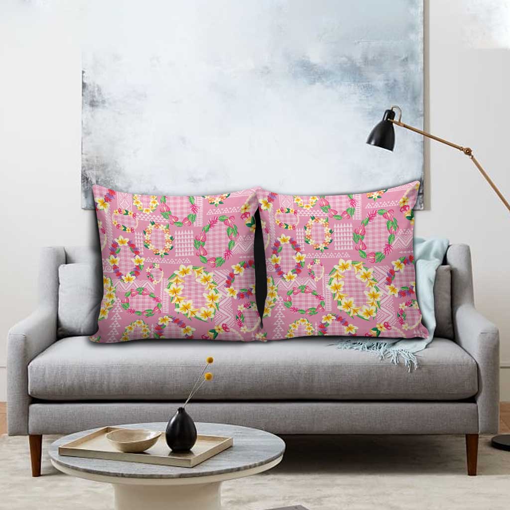 Hawaiian Leis Pillow Cover Kakau Tattoos and Palaka Pastel Pink Color