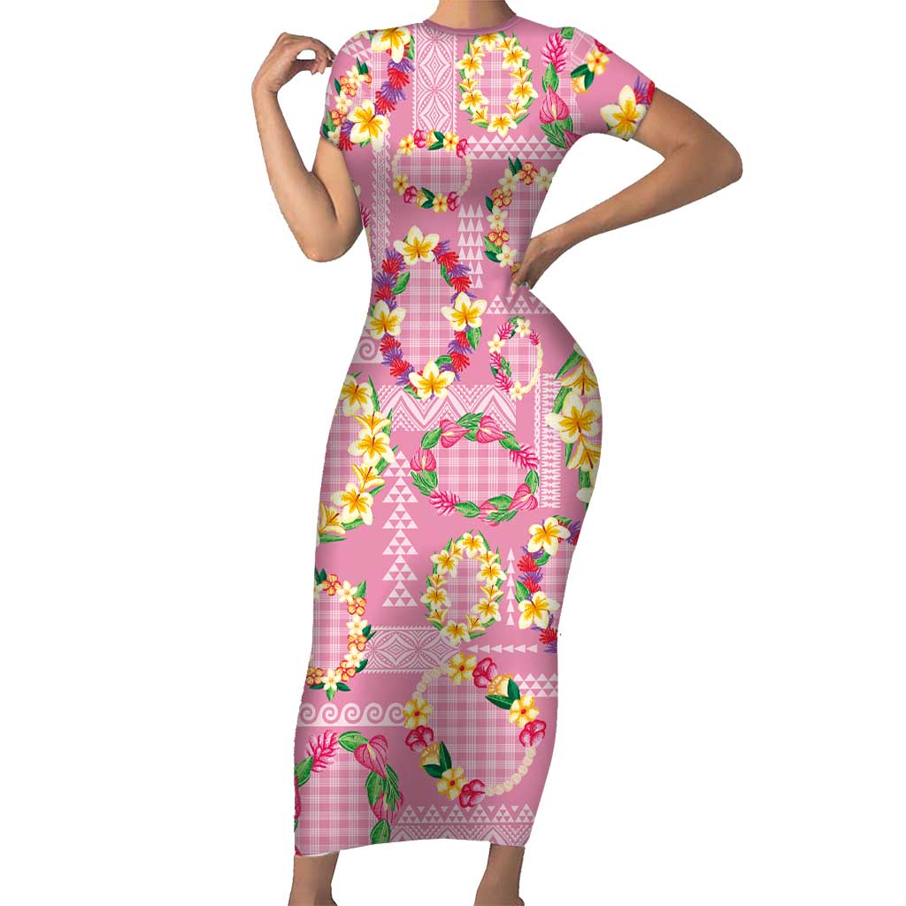 Hawaiian Leis Short Sleeve Bodycon Dress Kakau Tattoos and Palaka Pastel Pink Color LT03 Long Dress Pink - Polynesian Pride
