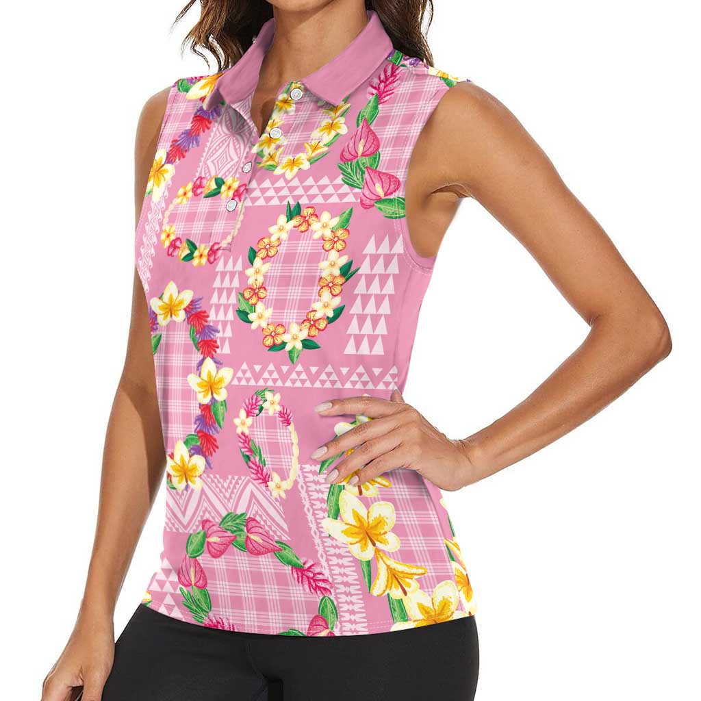 Hawaiian Leis Women Sleeveless Polo Shirt Kakau Tattoos and Palaka Pastel Pink Color