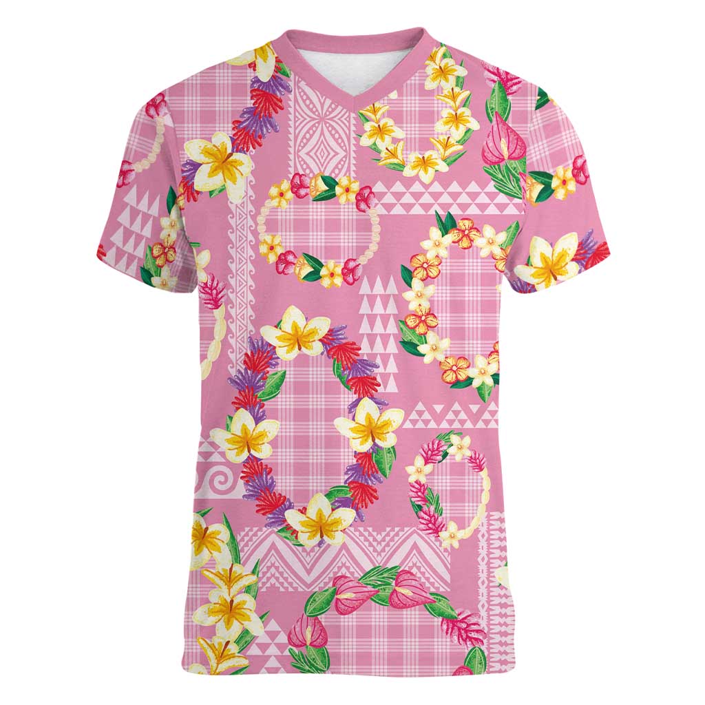 Hawaiian Leis Women V-Neck T-Shirt Kakau Tattoos and Palaka Pastel Pink Color