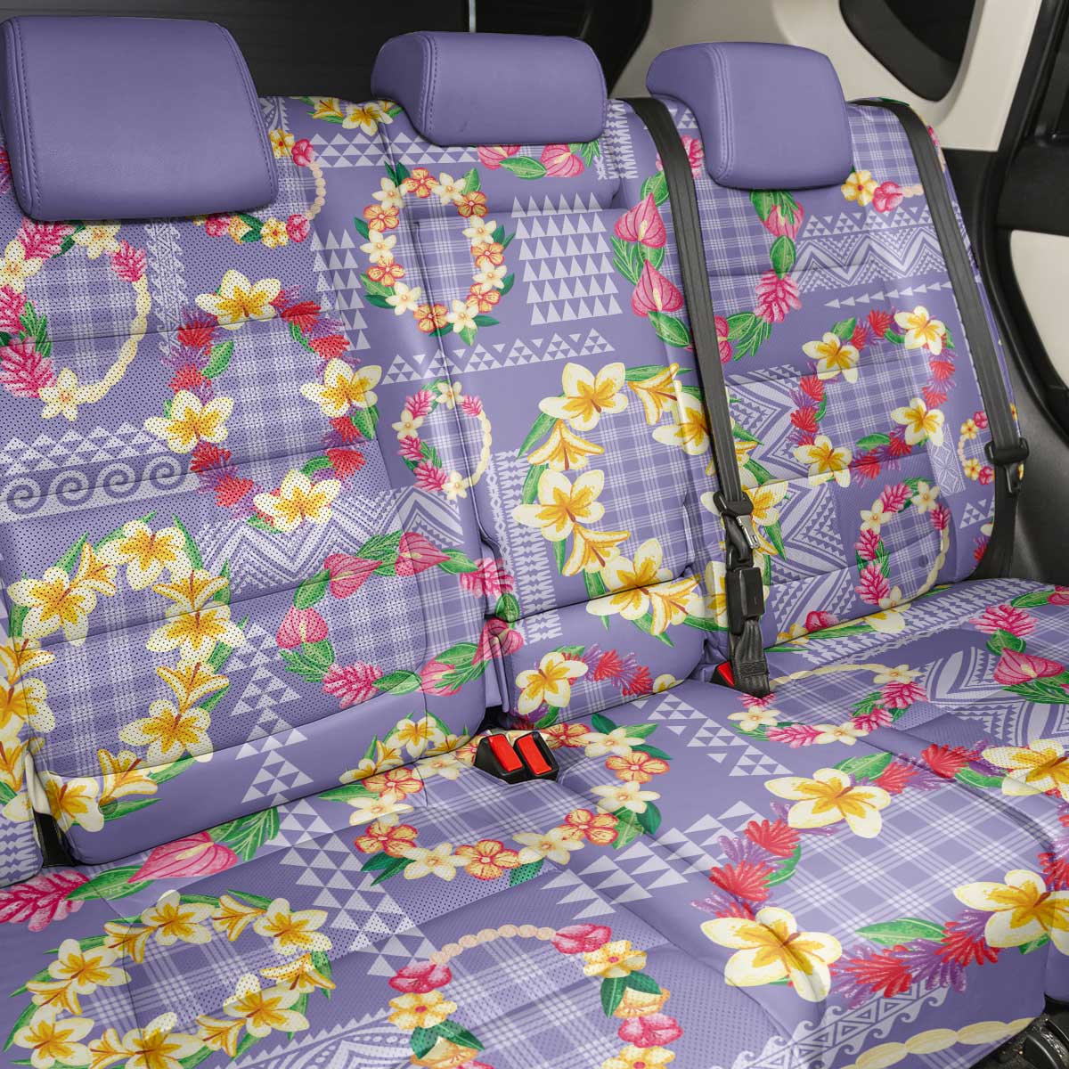 Hawaiian Leis Back Car Seat Cover Kakau Tattoos and Palaka Pastel Purple Color