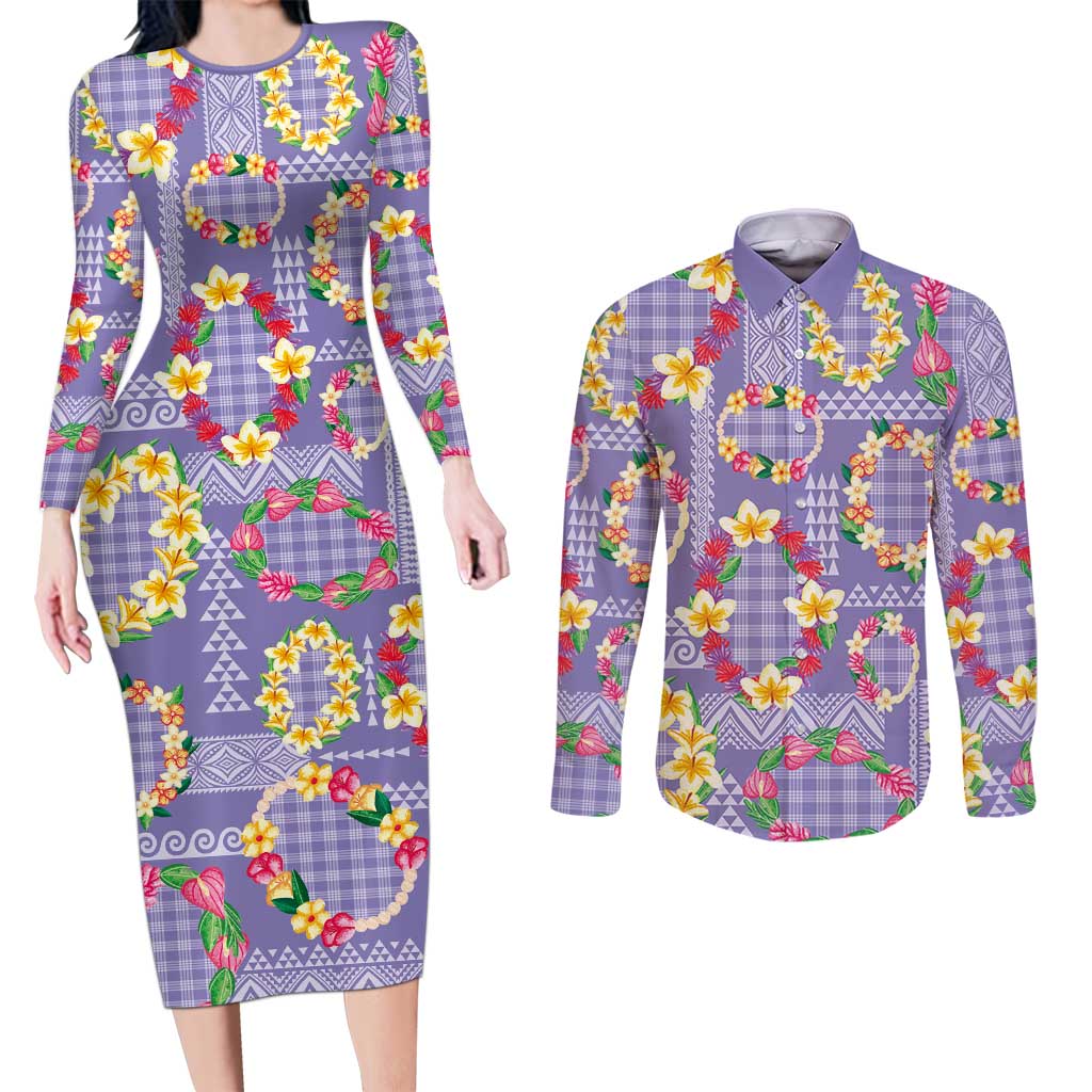 Hawaiian Leis Couples Matching Long Sleeve Bodycon Dress and Long Sleeve Button Shirt Kakau Tattoos and Palaka Pastel Purple Color LT03 Purple - Polynesian Pride