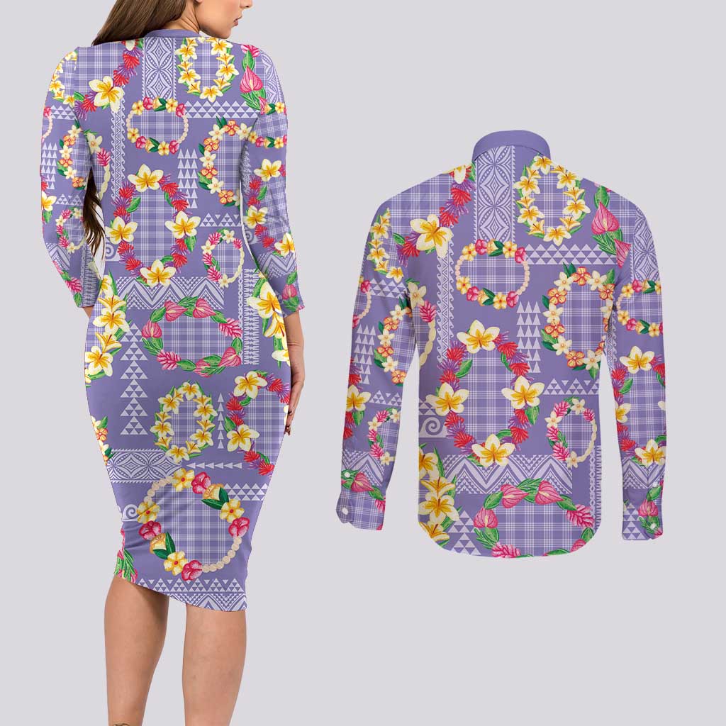 Hawaiian Leis Couples Matching Long Sleeve Bodycon Dress and Long Sleeve Button Shirt Kakau Tattoos and Palaka Pastel Purple Color LT03 - Polynesian Pride