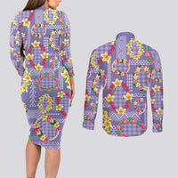 Hawaiian Leis Couples Matching Long Sleeve Bodycon Dress and Long Sleeve Button Shirt Kakau Tattoos and Palaka Pastel Purple Color LT03 - Polynesian Pride