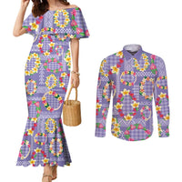 Hawaiian Leis Couples Matching Mermaid Dress and Long Sleeve Button Shirt Kakau Tattoos and Palaka Pastel Purple Color