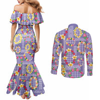 Hawaiian Leis Couples Matching Mermaid Dress and Long Sleeve Button Shirt Kakau Tattoos and Palaka Pastel Purple Color