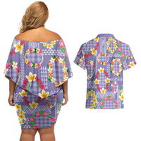 Hawaiian Leis Couples Matching Off Shoulder Short Dress and Hawaiian Shirt Kakau Tattoos and Palaka Pastel Purple Color