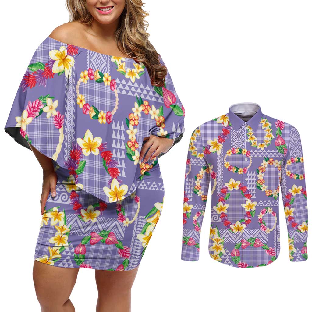 Hawaiian Leis Couples Matching Off Shoulder Short Dress and Long Sleeve Button Shirt Kakau Tattoos and Palaka Pastel Purple Color
