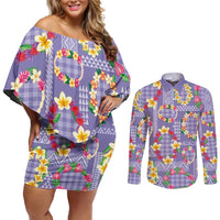 Hawaiian Leis Couples Matching Off Shoulder Short Dress and Long Sleeve Button Shirt Kakau Tattoos and Palaka Pastel Purple Color