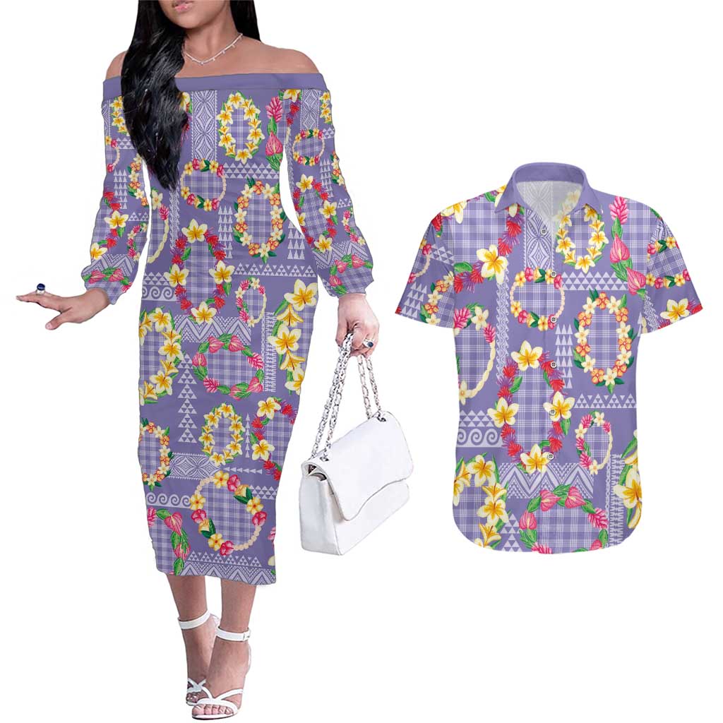 Hawaiian Leis Couples Matching Off The Shoulder Long Sleeve Dress and Hawaiian Shirt Kakau Tattoos and Palaka Pastel Purple Color