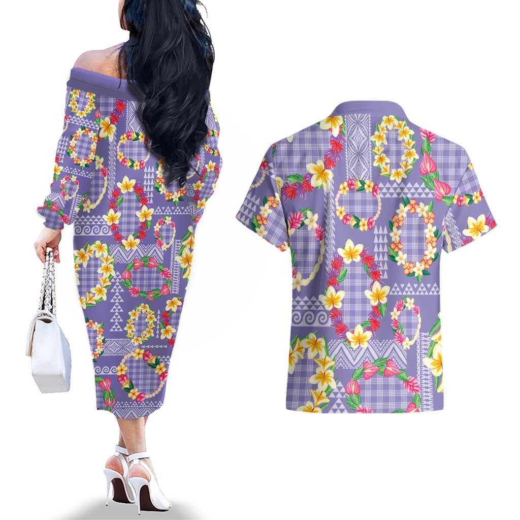 Hawaiian Leis Couples Matching Off The Shoulder Long Sleeve Dress and Hawaiian Shirt Kakau Tattoos and Palaka Pastel Purple Color