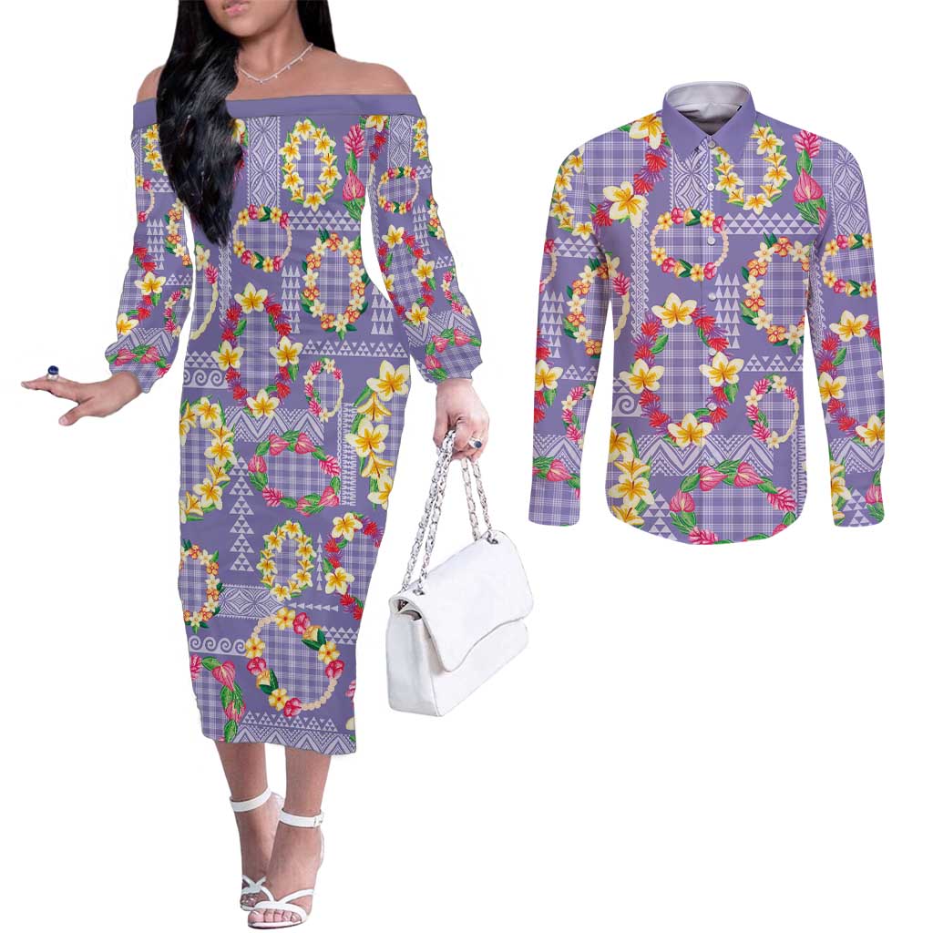 Hawaiian Leis Couples Matching Off The Shoulder Long Sleeve Dress and Long Sleeve Button Shirt Kakau Tattoos and Palaka Pastel Purple Color