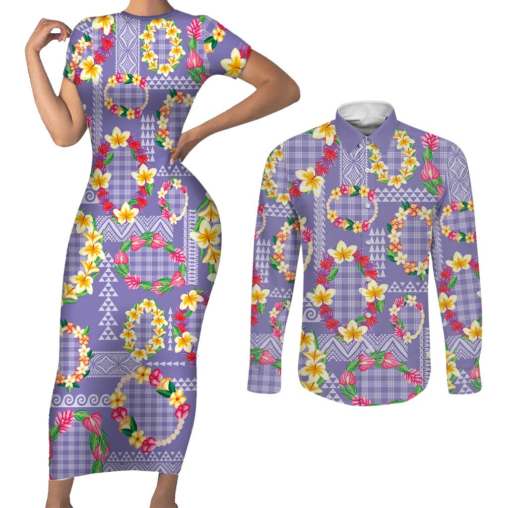 Hawaiian Leis Couples Matching Short Sleeve Bodycon Dress and Long Sleeve Button Shirt Kakau Tattoos and Palaka Pastel Purple Color LT03 Purple - Polynesian Pride