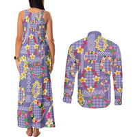Hawaiian Leis Couples Matching Tank Maxi Dress and Long Sleeve Button Shirt Kakau Tattoos and Palaka Pastel Purple Color
