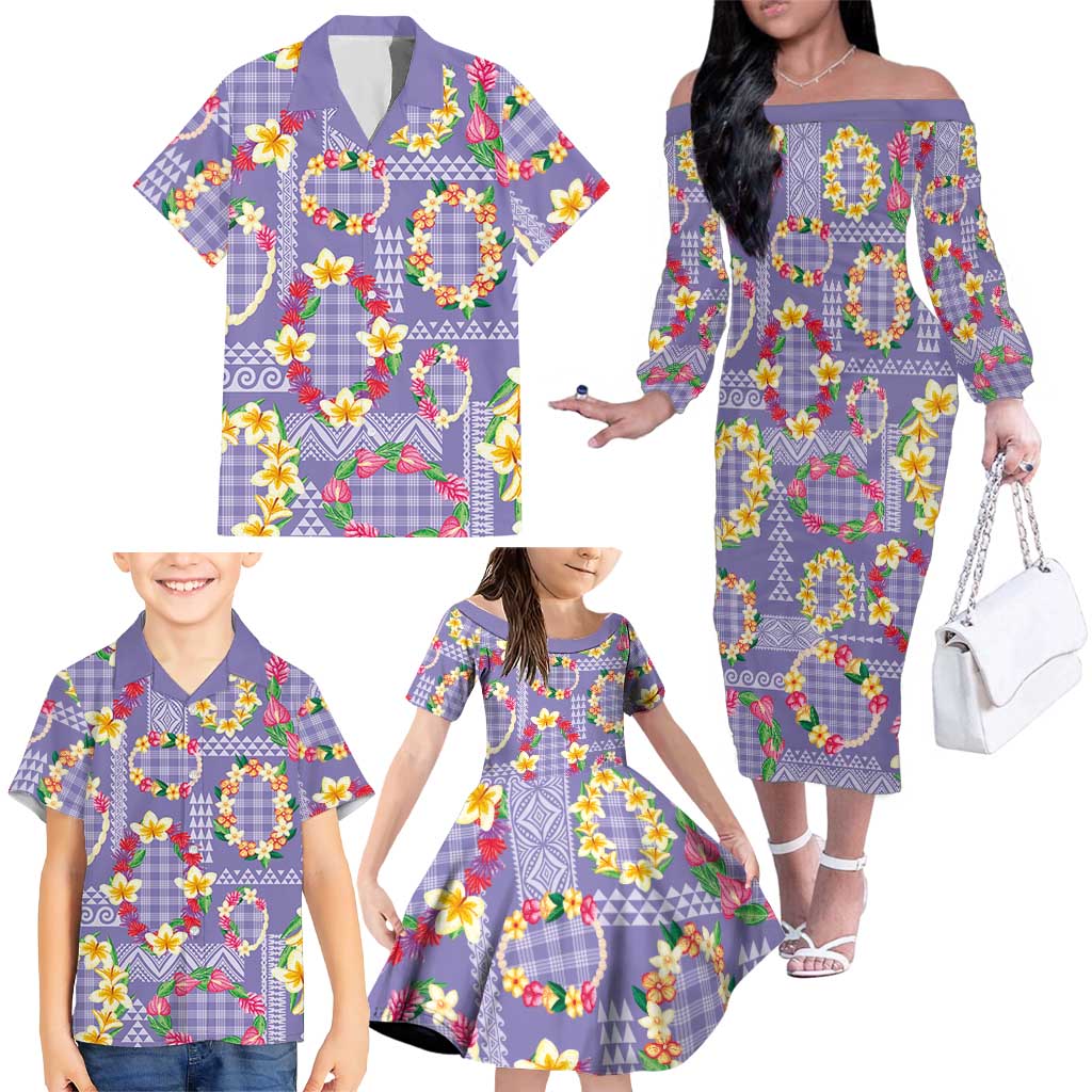 Hawaiian Leis Family Matching Off The Shoulder Long Sleeve Dress and Hawaiian Shirt Kakau Tattoos and Palaka Pastel Purple Color
