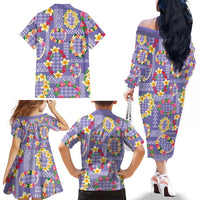 Hawaiian Leis Family Matching Off The Shoulder Long Sleeve Dress and Hawaiian Shirt Kakau Tattoos and Palaka Pastel Purple Color