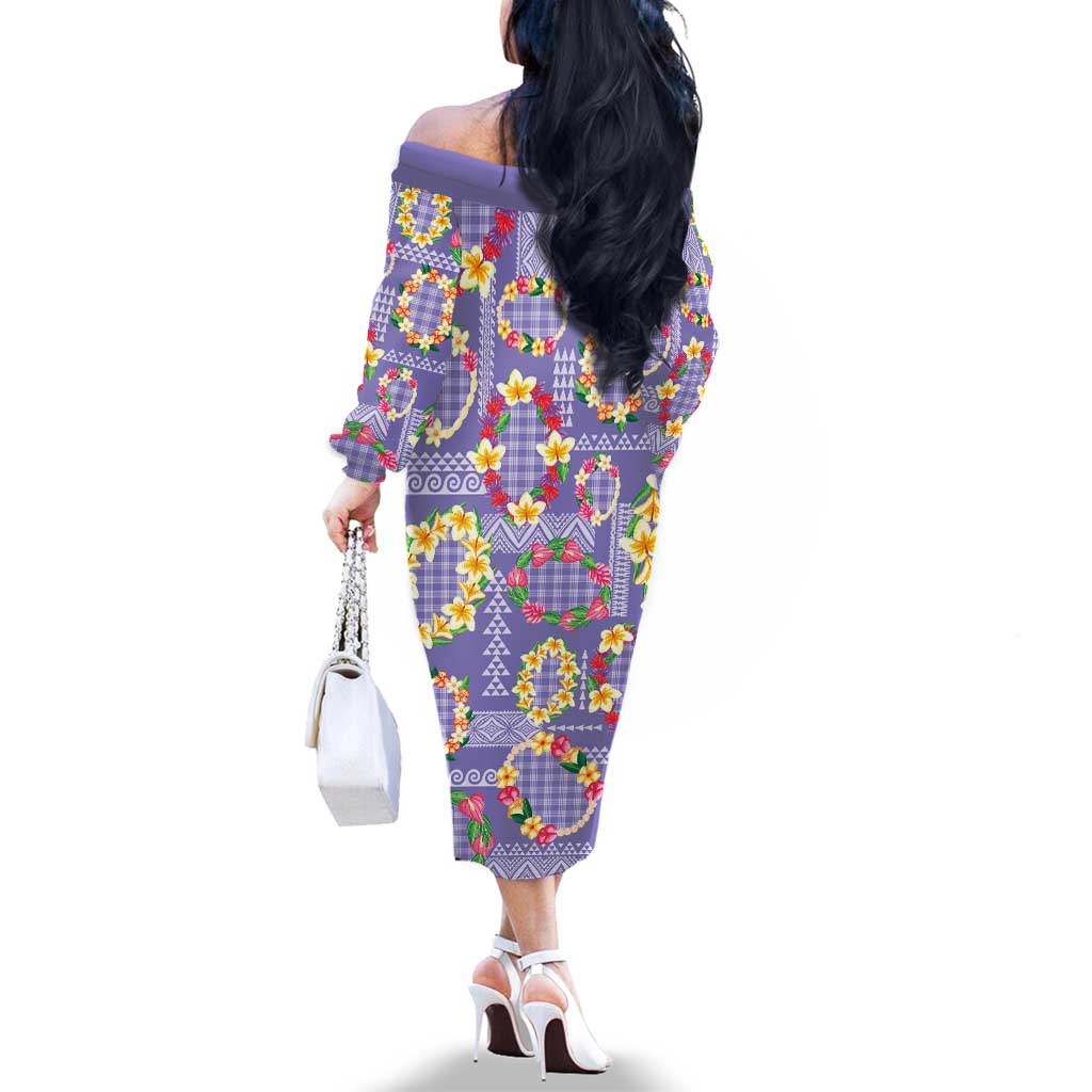 Hawaiian Leis Family Matching Off The Shoulder Long Sleeve Dress and Hawaiian Shirt Kakau Tattoos and Palaka Pastel Purple Color