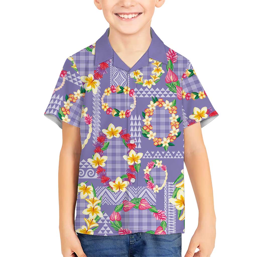 Hawaiian Leis Family Matching Off Shoulder Short Dress and Hawaiian Shirt Kakau Tattoos and Palaka Pastel Purple Color