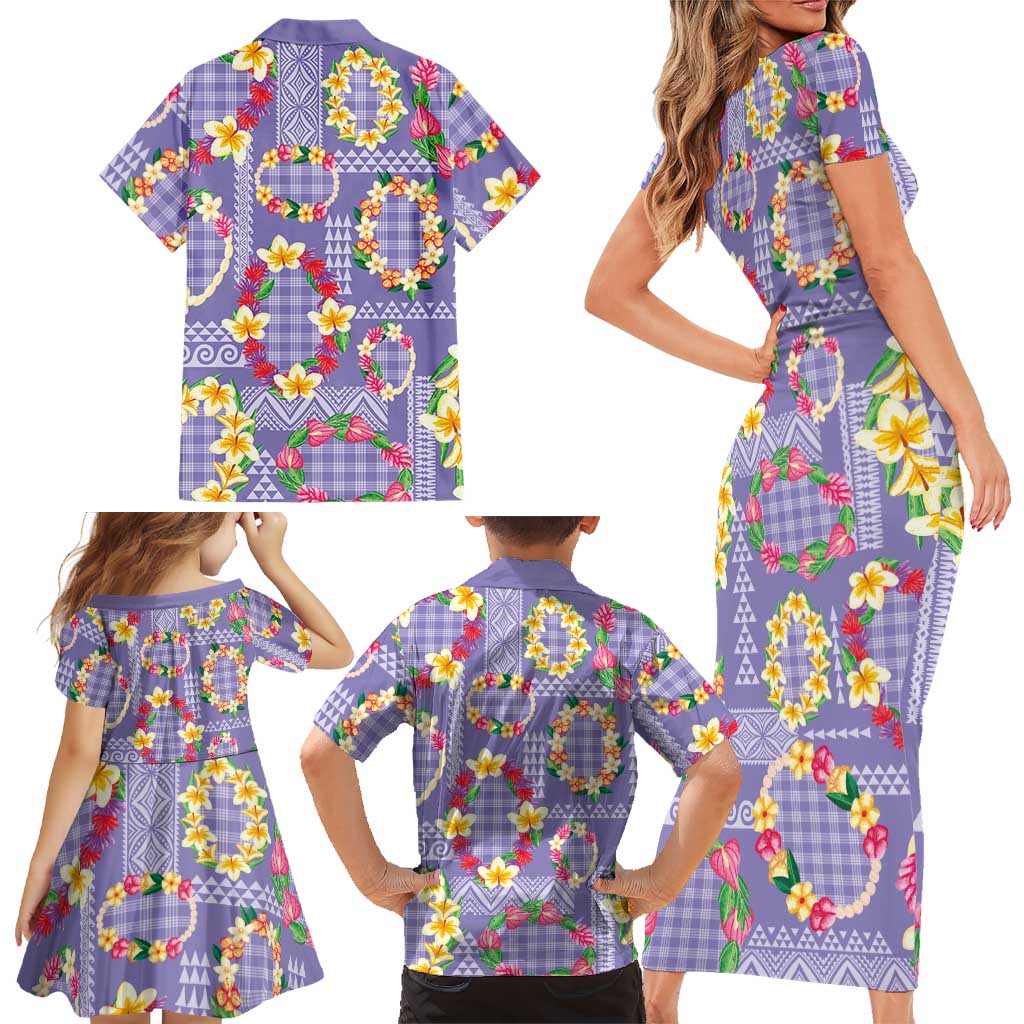 Hawaiian Leis Family Matching Short Sleeve Bodycon Dress and Hawaiian Shirt Kakau Tattoos and Palaka Pastel Purple Color