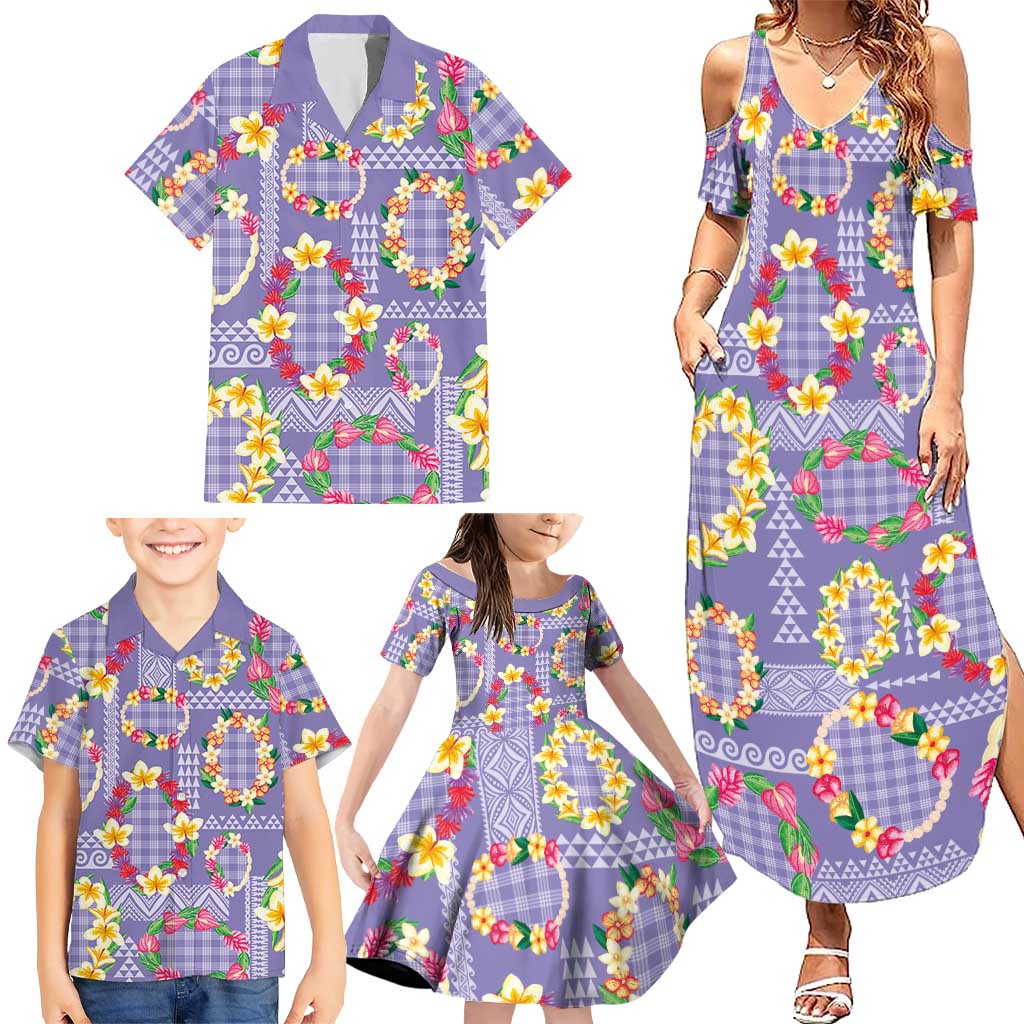 Hawaiian Leis Family Matching Summer Maxi Dress and Hawaiian Shirt Kakau Tattoos and Palaka Pastel Purple Color