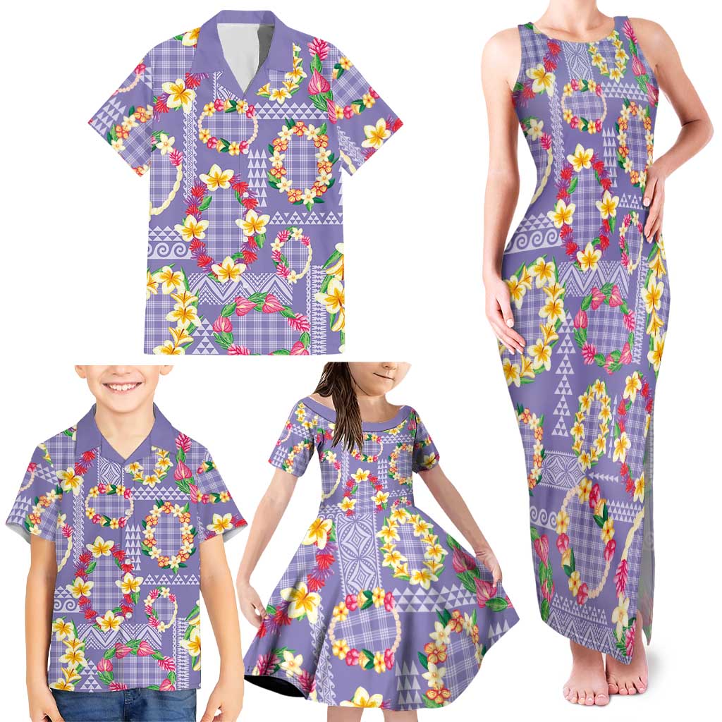Hawaiian Leis Family Matching Tank Maxi Dress and Hawaiian Shirt Kakau Tattoos and Palaka Pastel Purple Color