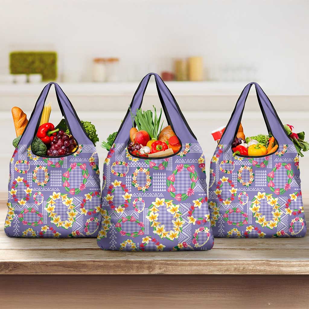 Hawaiian Leis Grocery Bag Kakau Tattoos and Palaka Pastel Purple Color