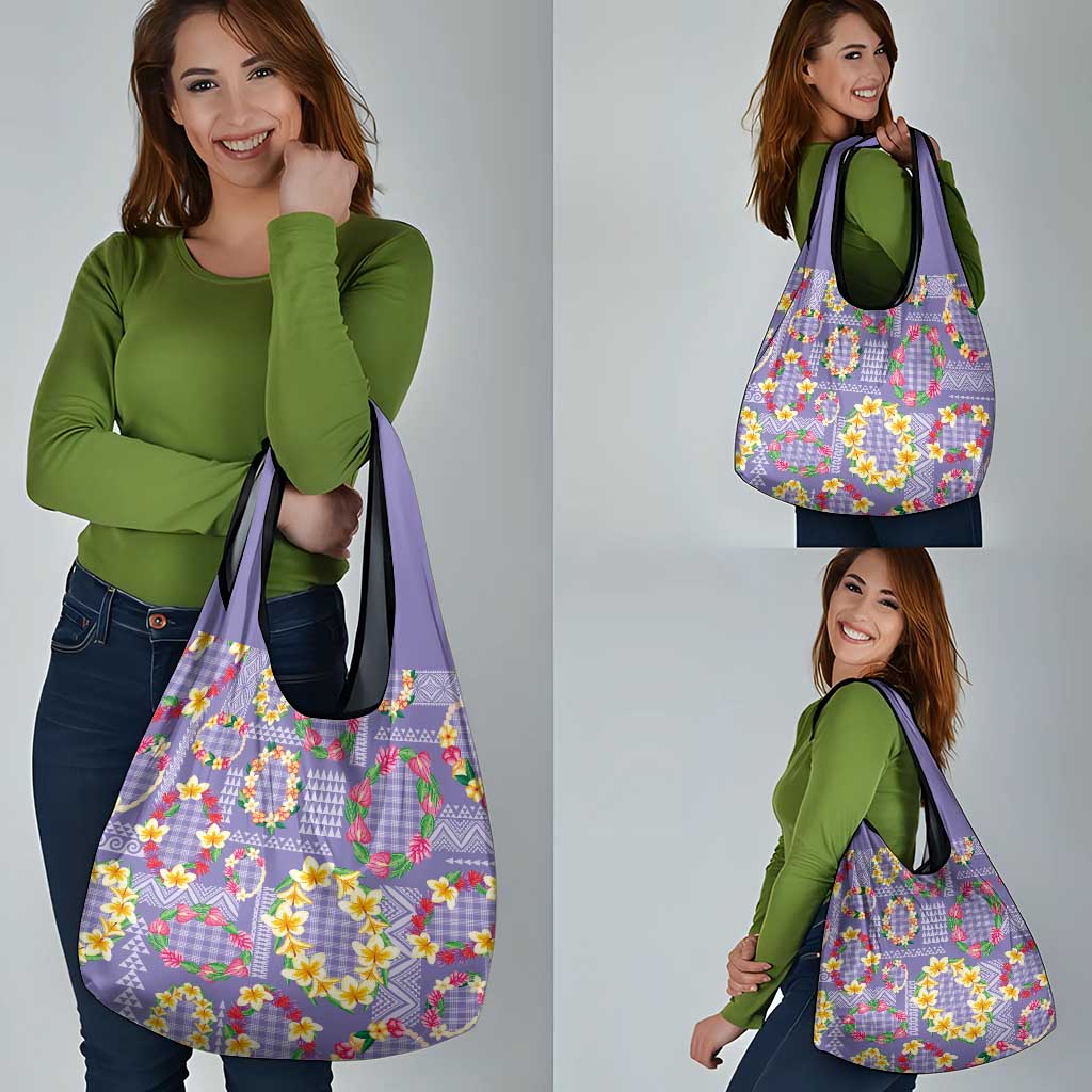 Hawaiian Leis Grocery Bag Kakau Tattoos and Palaka Pastel Purple Color