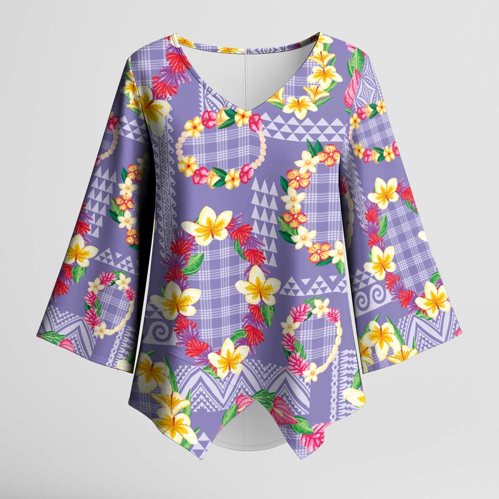 Hawaiian Leis Kimono Sleeve Blouse Kakau Tattoos and Palaka Pastel Purple Color