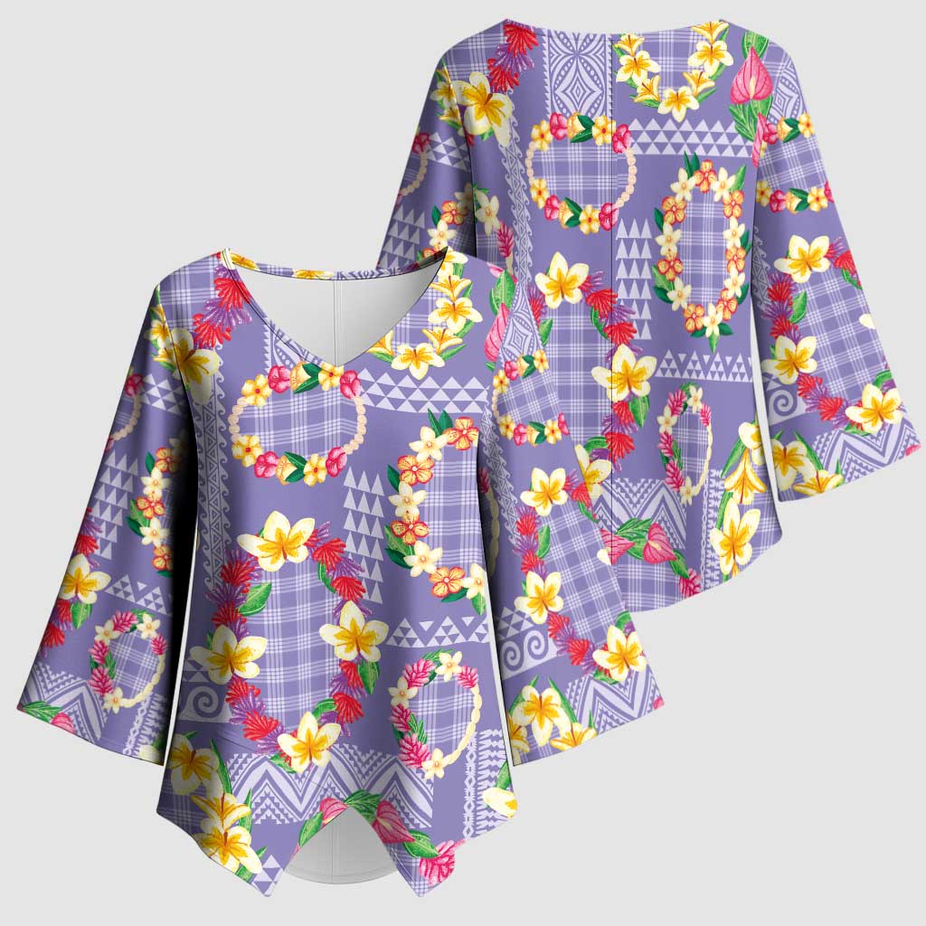 Hawaiian Leis Kimono Sleeve Blouse Kakau Tattoos and Palaka Pastel Purple Color