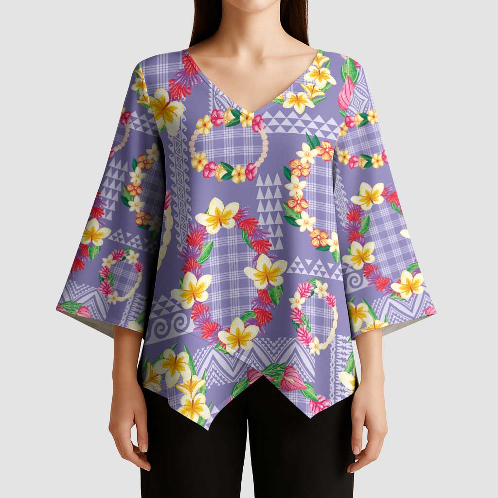 Hawaiian Leis Kimono Sleeve Blouse Kakau Tattoos and Palaka Pastel Purple Color