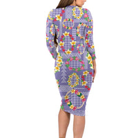 Hawaiian Leis Long Sleeve Bodycon Dress Kakau Tattoos and Palaka Pastel Purple Color